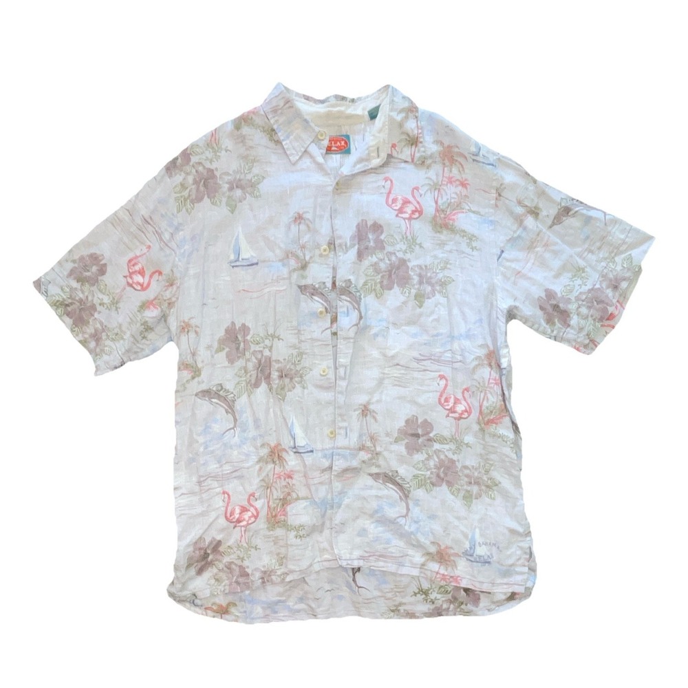 Tommy Bahama Relax Mens L Linen Shirt White Flamingo Tropical Floral Hawaiian - Picture 1 of 5